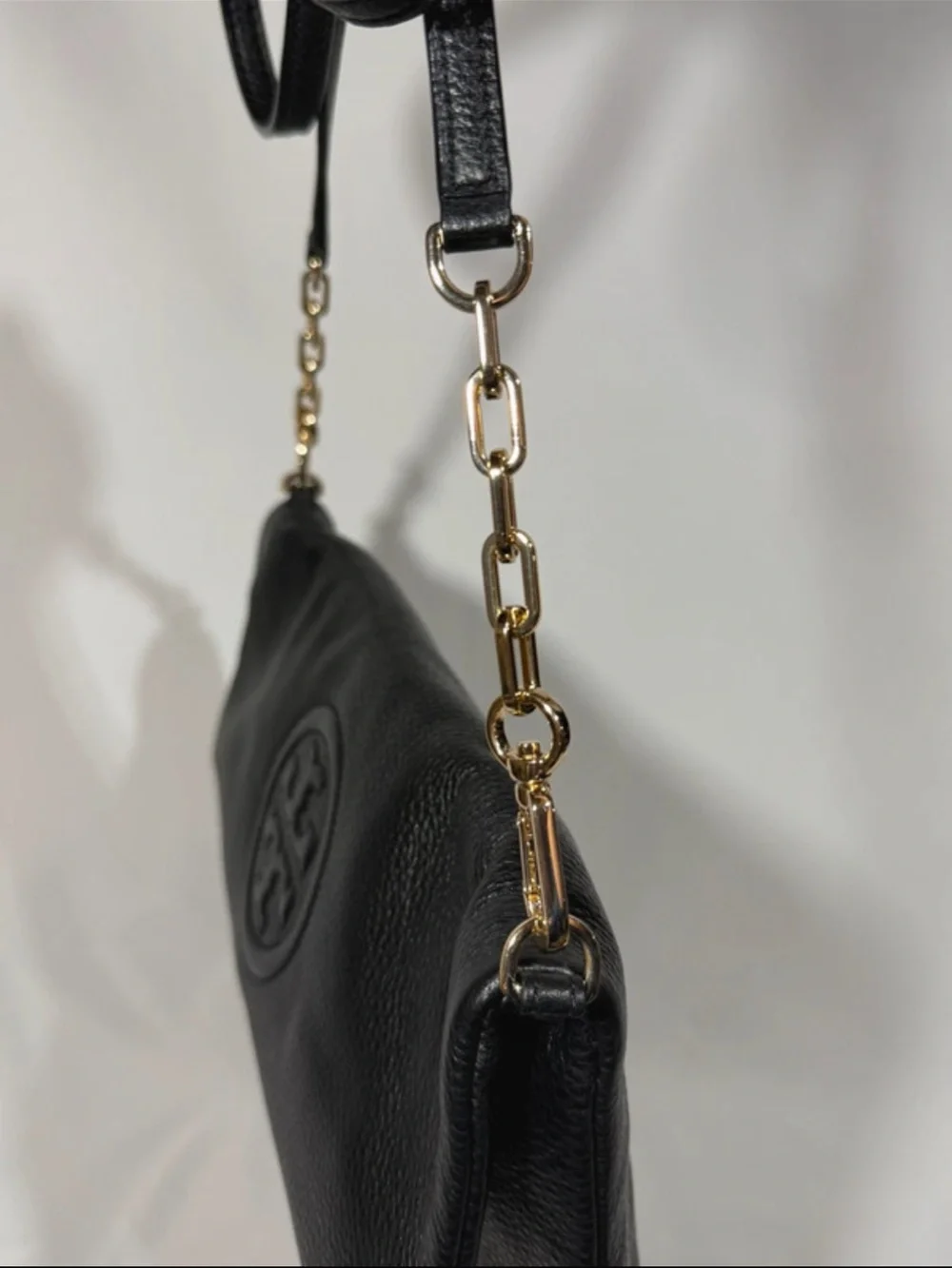 Tory Burch black leather Bombe envelope fold over crossbody bag